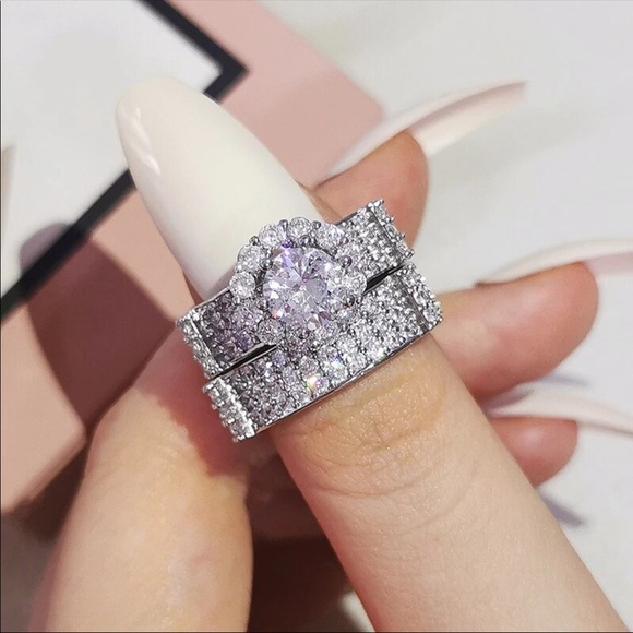 New Luxury 925 Silver 2Pc Set Round Diamond Ring - Picture 2 of 3